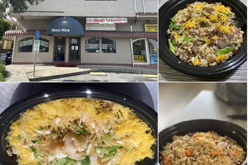 Soul Rice storefront and fried rice dishes in Pacifica