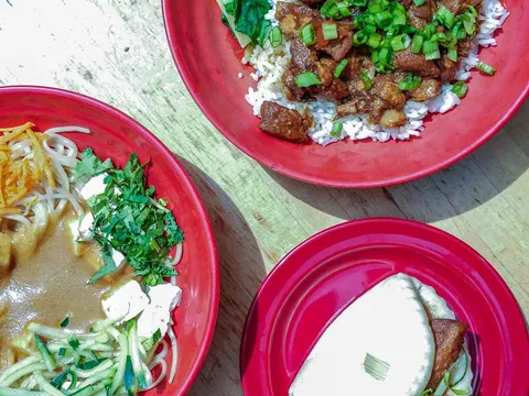 Overhead view of three red bowls at Zoe Ma Ma in Boulder — sesame noodles with tofu and shredded vegetables, braised pork over rice with scallions, and a steamed bao bun — on a wooden table